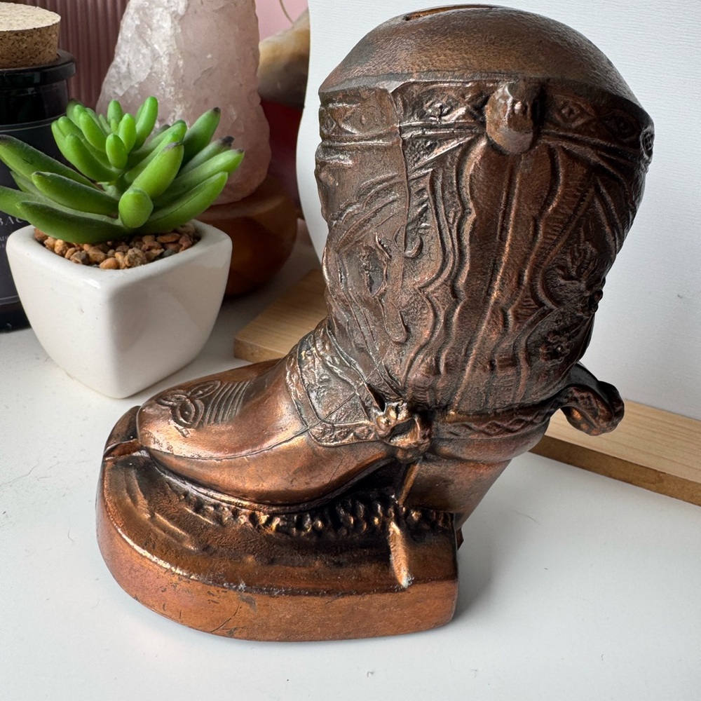 1950s vintage copper coloured cowboy boot bank